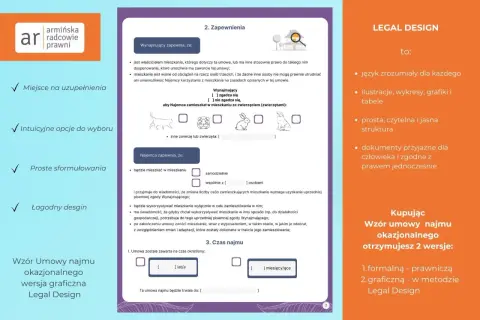Fragment umowy najmu okazjonalnego z polami wyboru i ikonami zwierząt.
